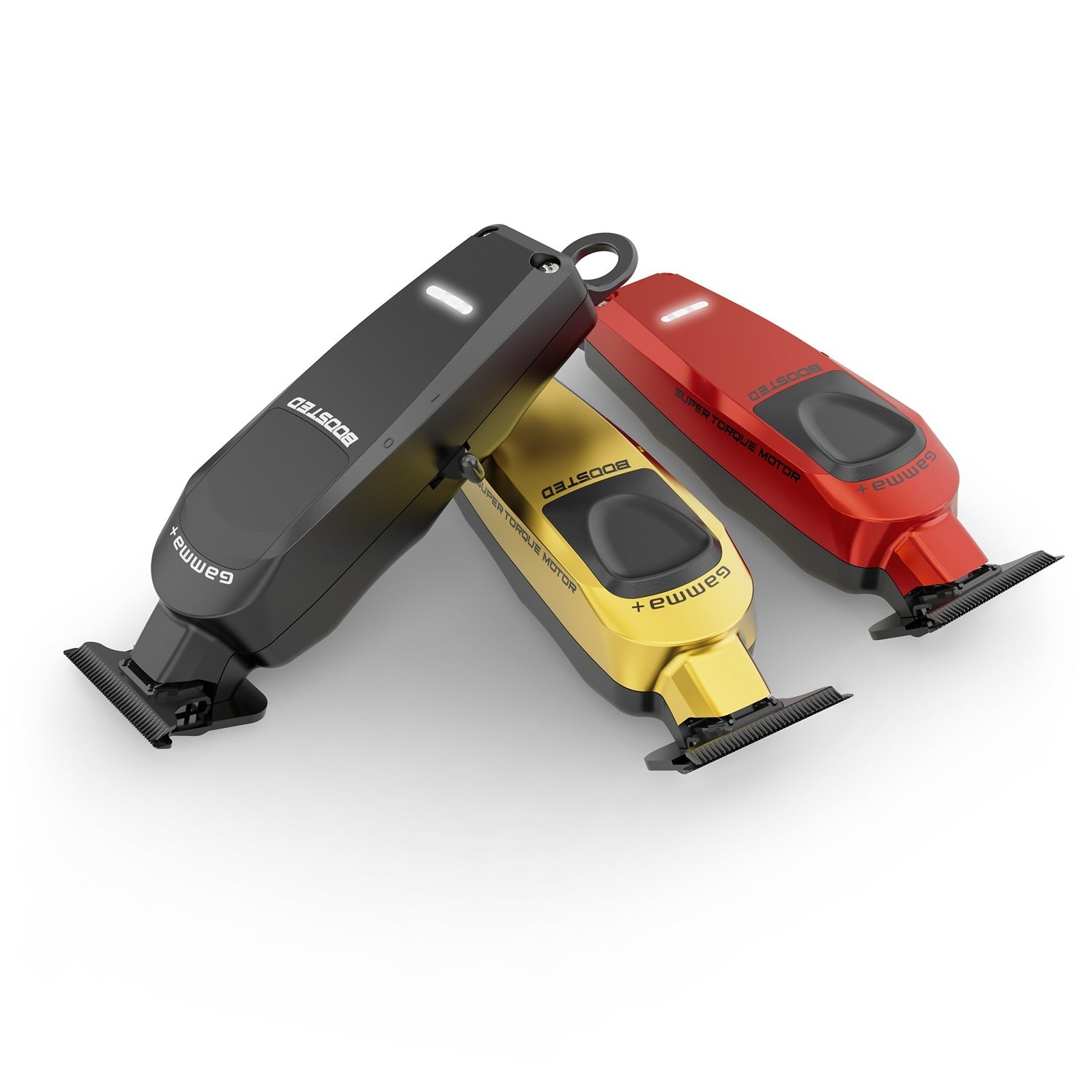 Boosted Gamma Grooming Kit featuring black, gold, and red trimmers for professional grooming.
